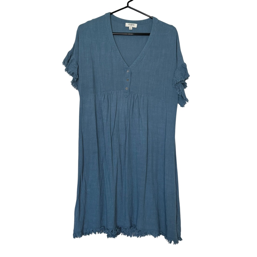 Umgee USA Linen Blend Fringe Trim V-Neck Dress Blue Teal Boho Sm Casual Relaxed